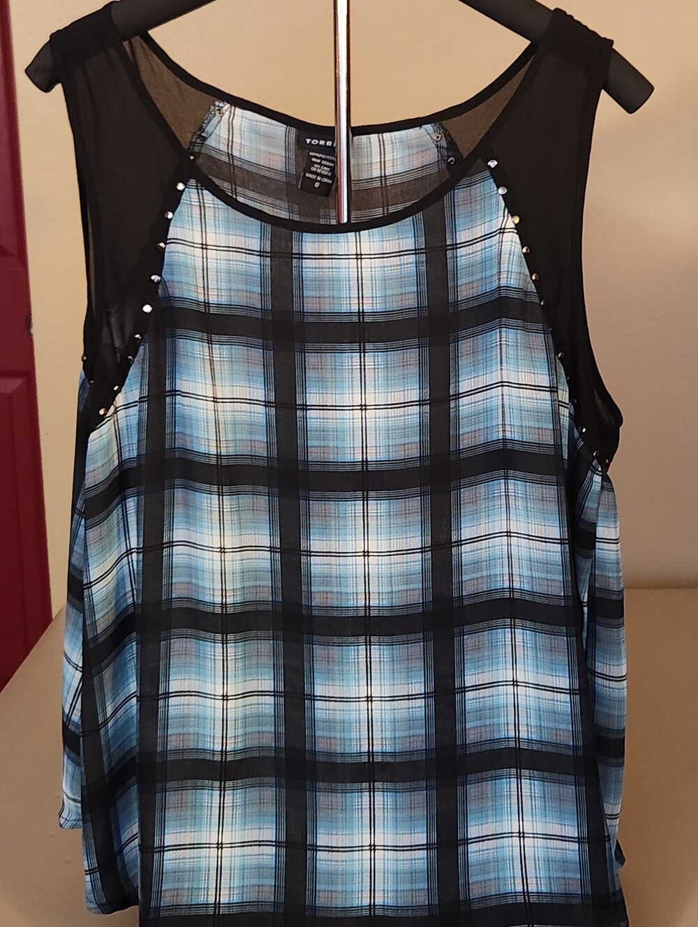 Torrid Black and Teal Plaid Mesh Yoke Tank